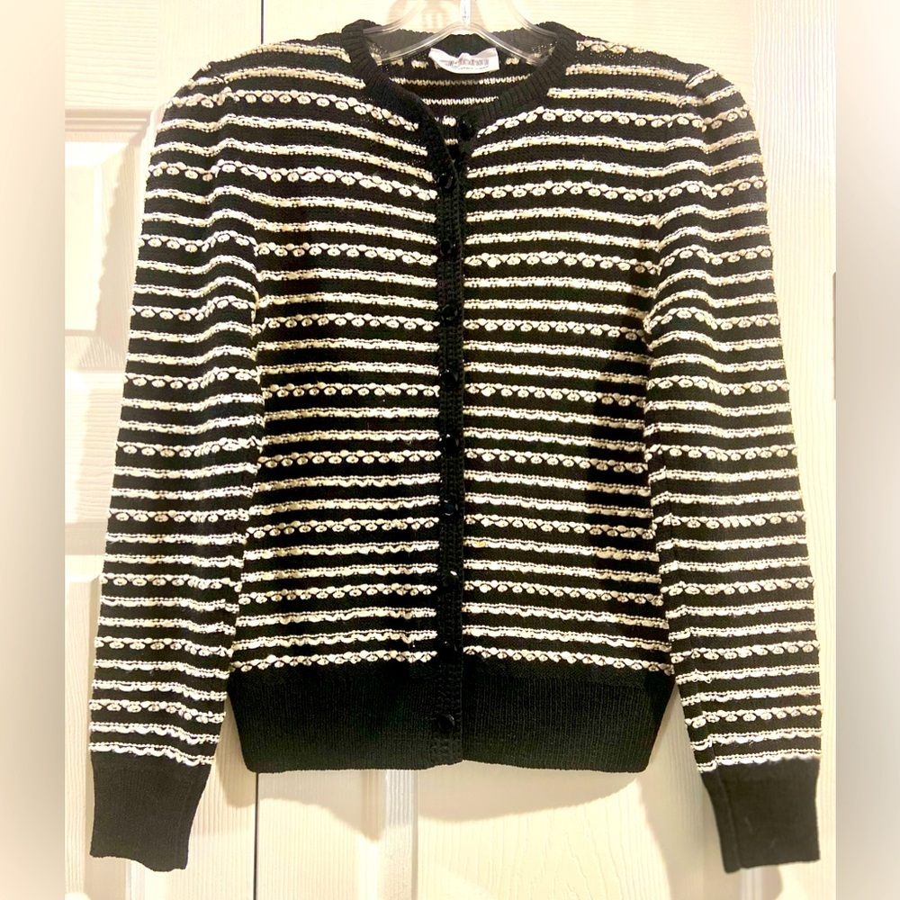 St John Vtg Cardigan Sweater Black White Horizontal Stripes Zip sz S